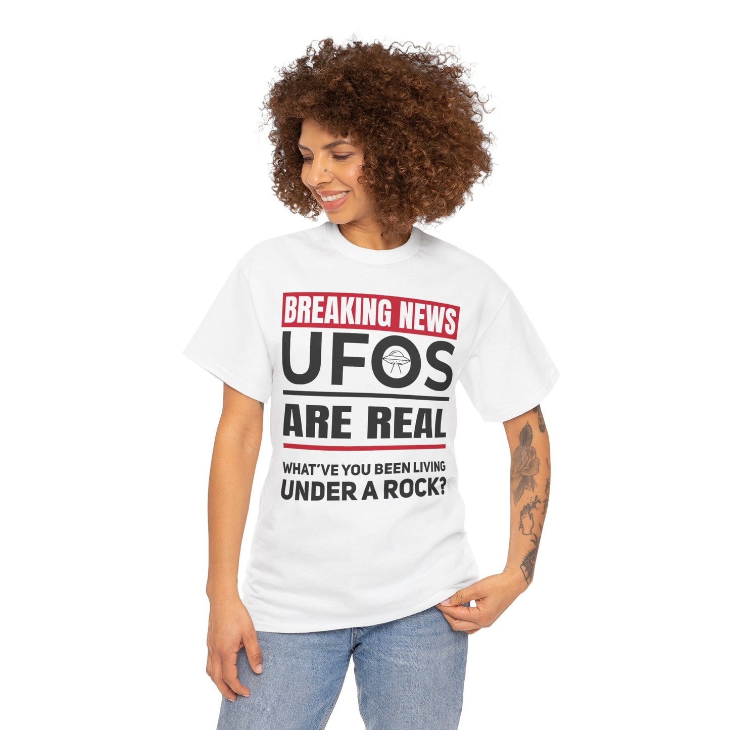 Breaking News: UFOs Are Real – Unisex Heavy Cotton Tee (White/Gray)