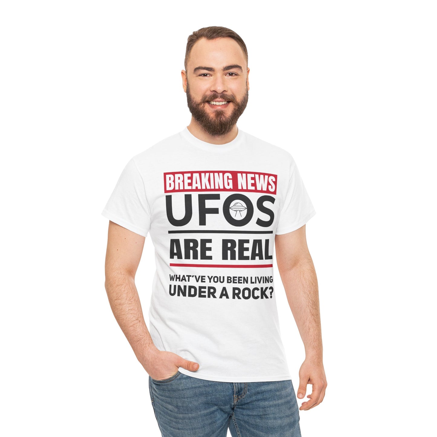 Breaking News: UFOs Are Real – Unisex Heavy Cotton Tee (White/Gray)