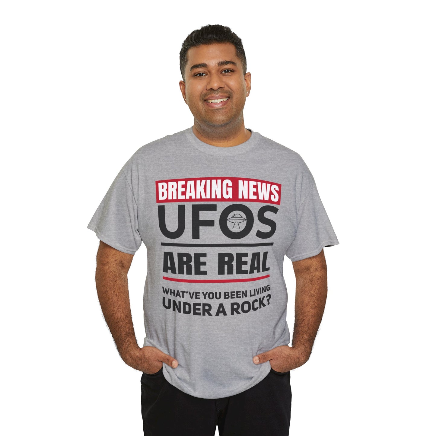 Breaking News: UFOs Are Real – Unisex Heavy Cotton Tee (White/Gray)
